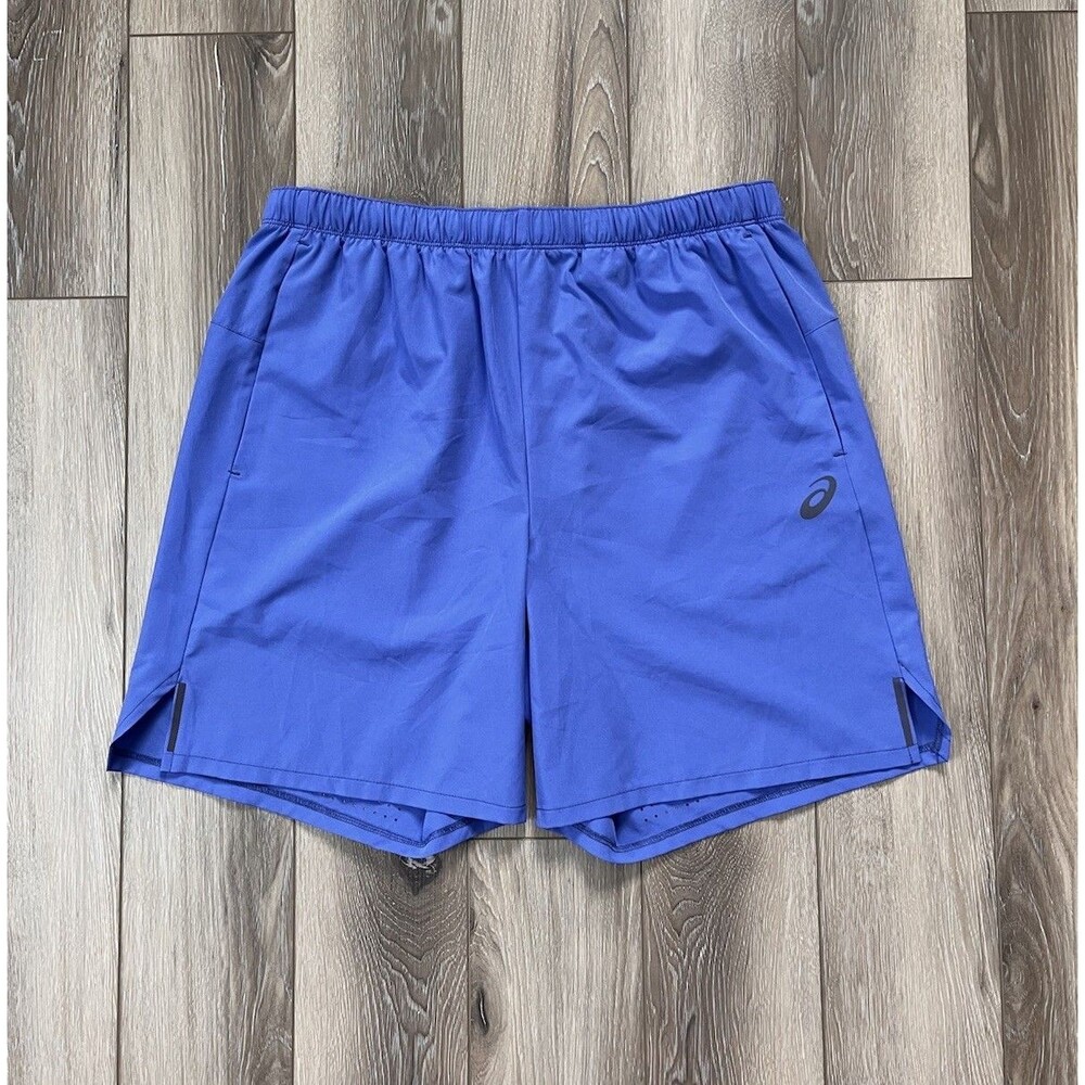 Asics Running Shorts Mens Sz Medium Blue Slash Pockets Athletic 7" Gym Unlined